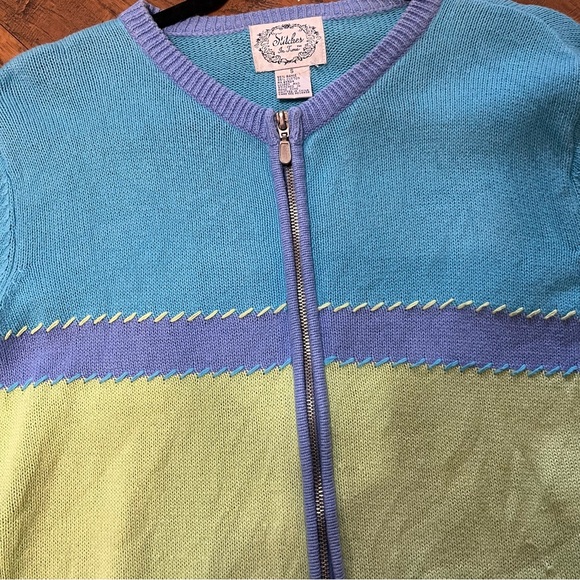 Stitches color block zip up knit sweater v neck long sleeve bright Sz small vntg - Picture 8 of 12